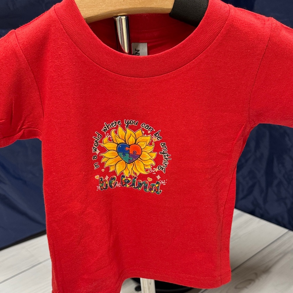 Gildan Red Kids T-Shirt with Sunflower and Heart Design